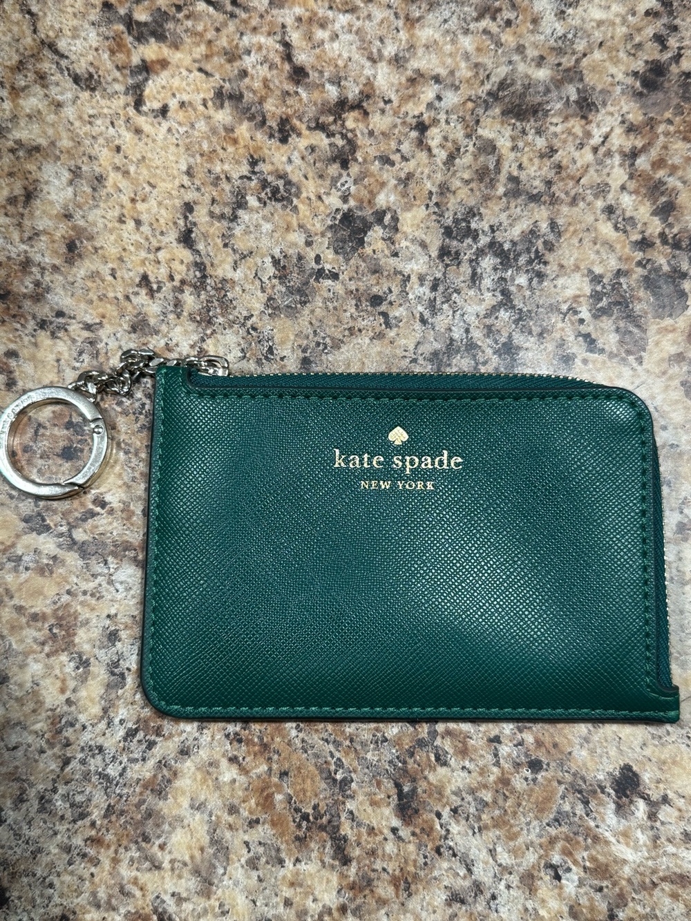 KATE SPADE  New York Green Saffiano Leather Zip Card Case Keychain EUC